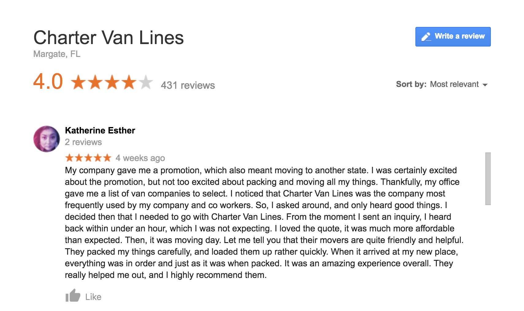 Charter Van Lines Google Review